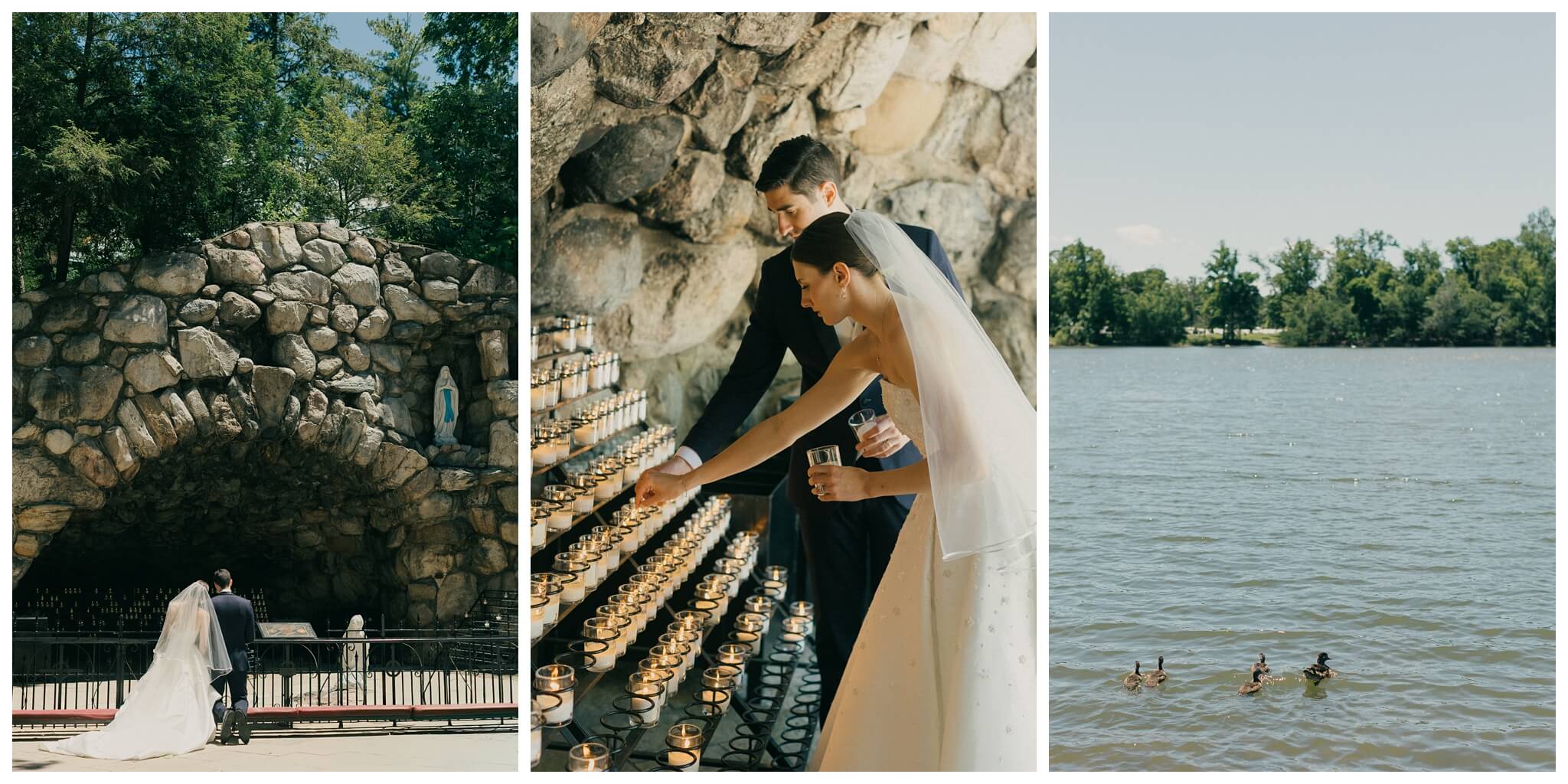 sunny bride and groom portrait at the grotto at Notre dame indiana by josh and andrea photography