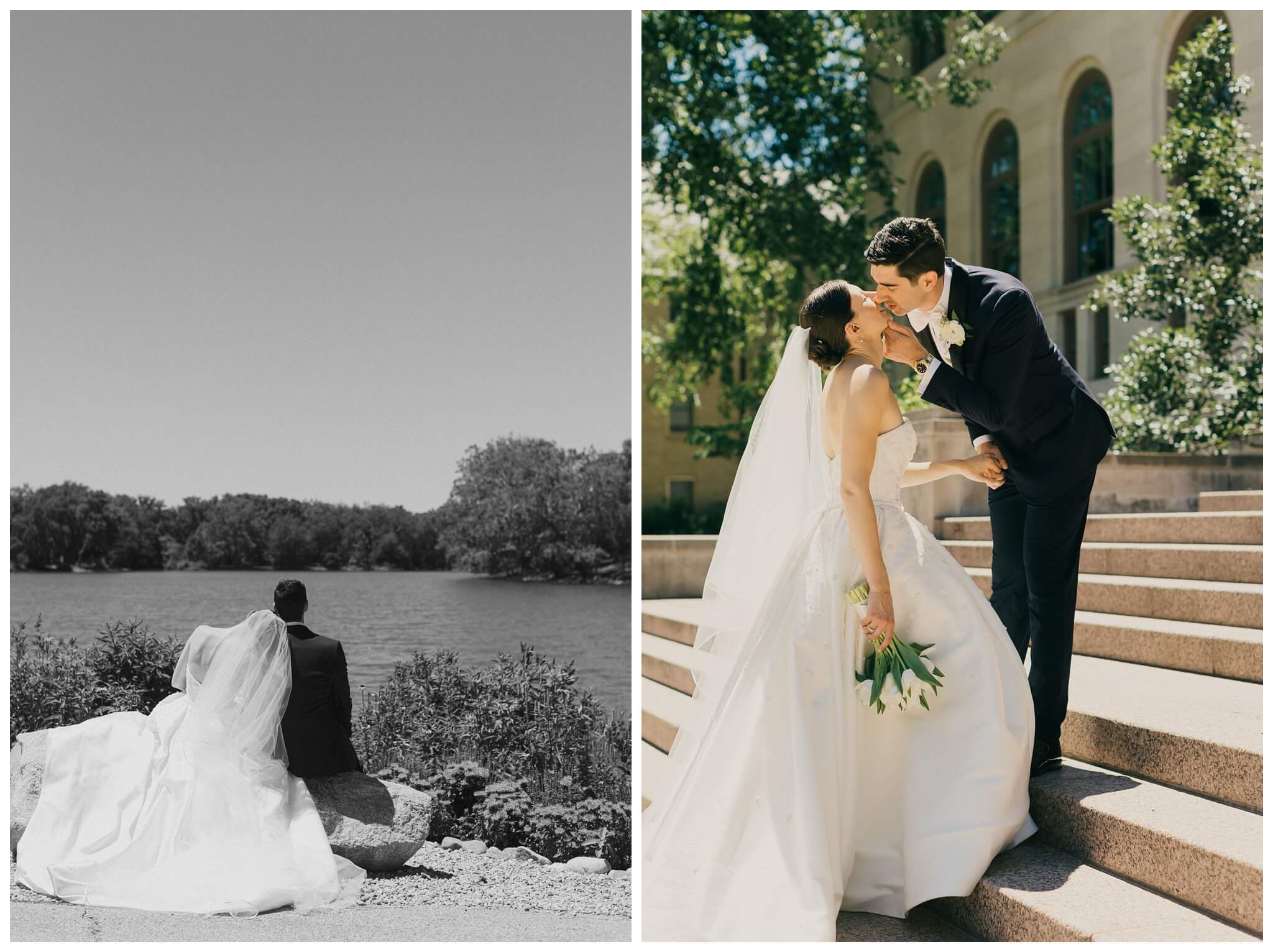 sunny bride and groom portrait at Notre dame indiana by josh and andrea photography