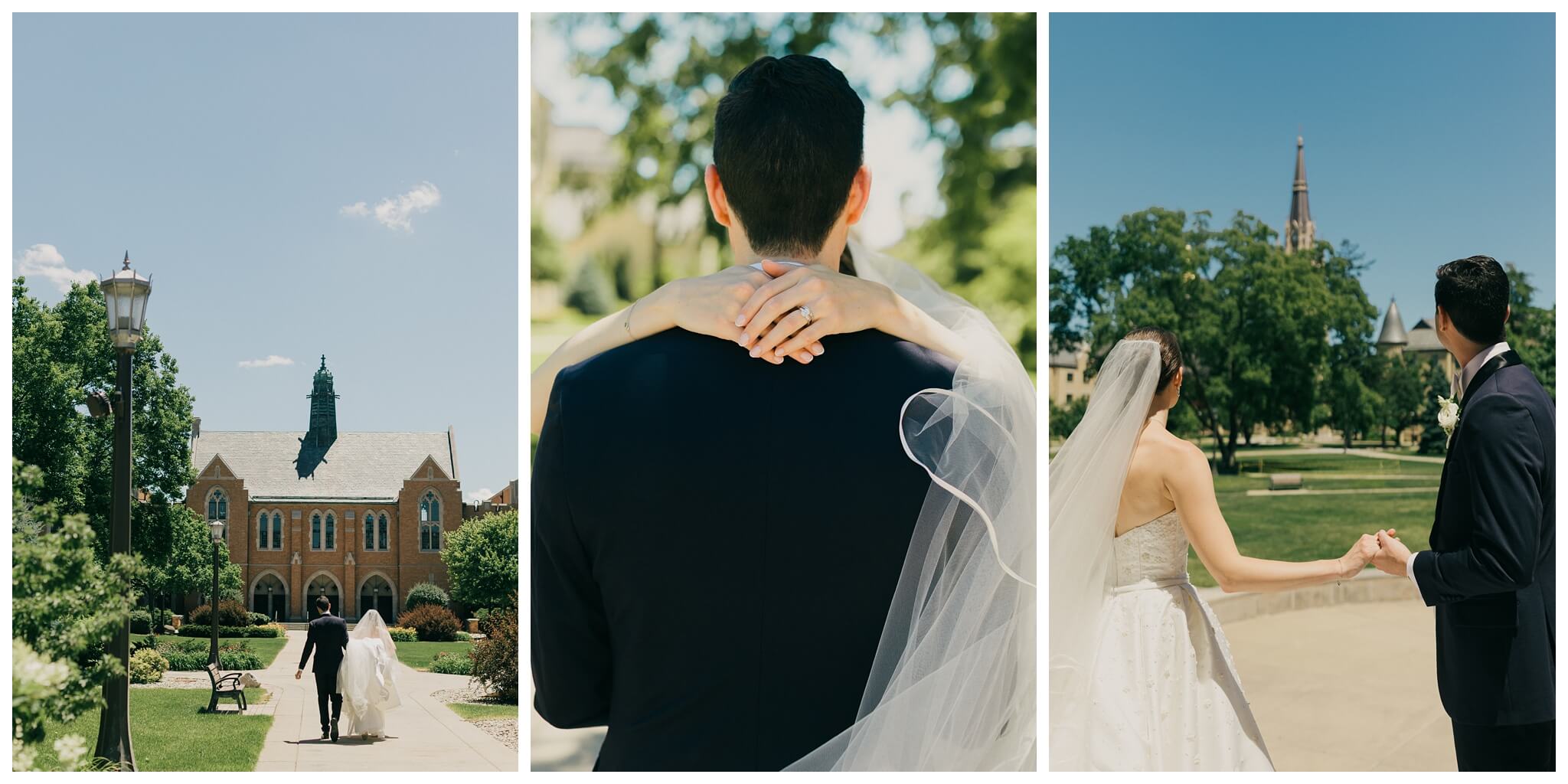 sunny bride and groom portrait at Notre dame indiana by josh and andrea photography