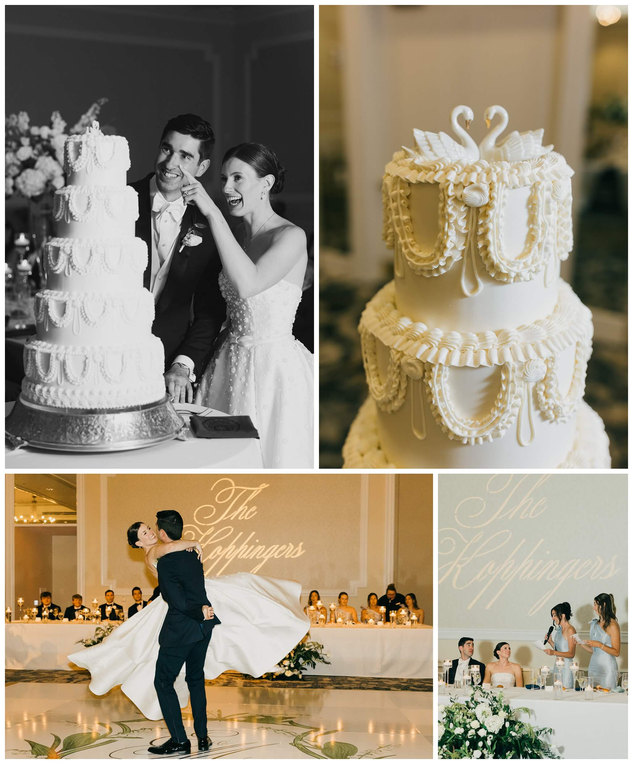 bride and groom cake cutting in the reception at the morris inn at Notre dame indiana by josh and andrea photography