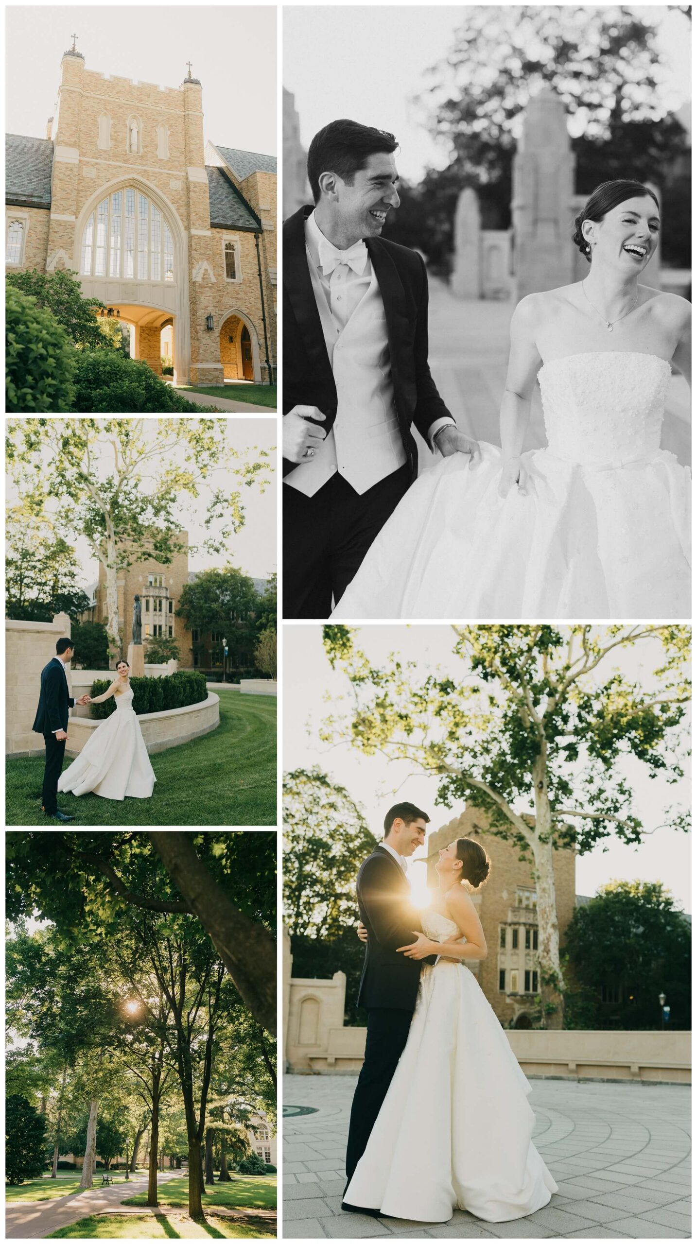 bride and groom golden hour golden hour portraits near the law school at Notre dame indiana by josh and andrea photography