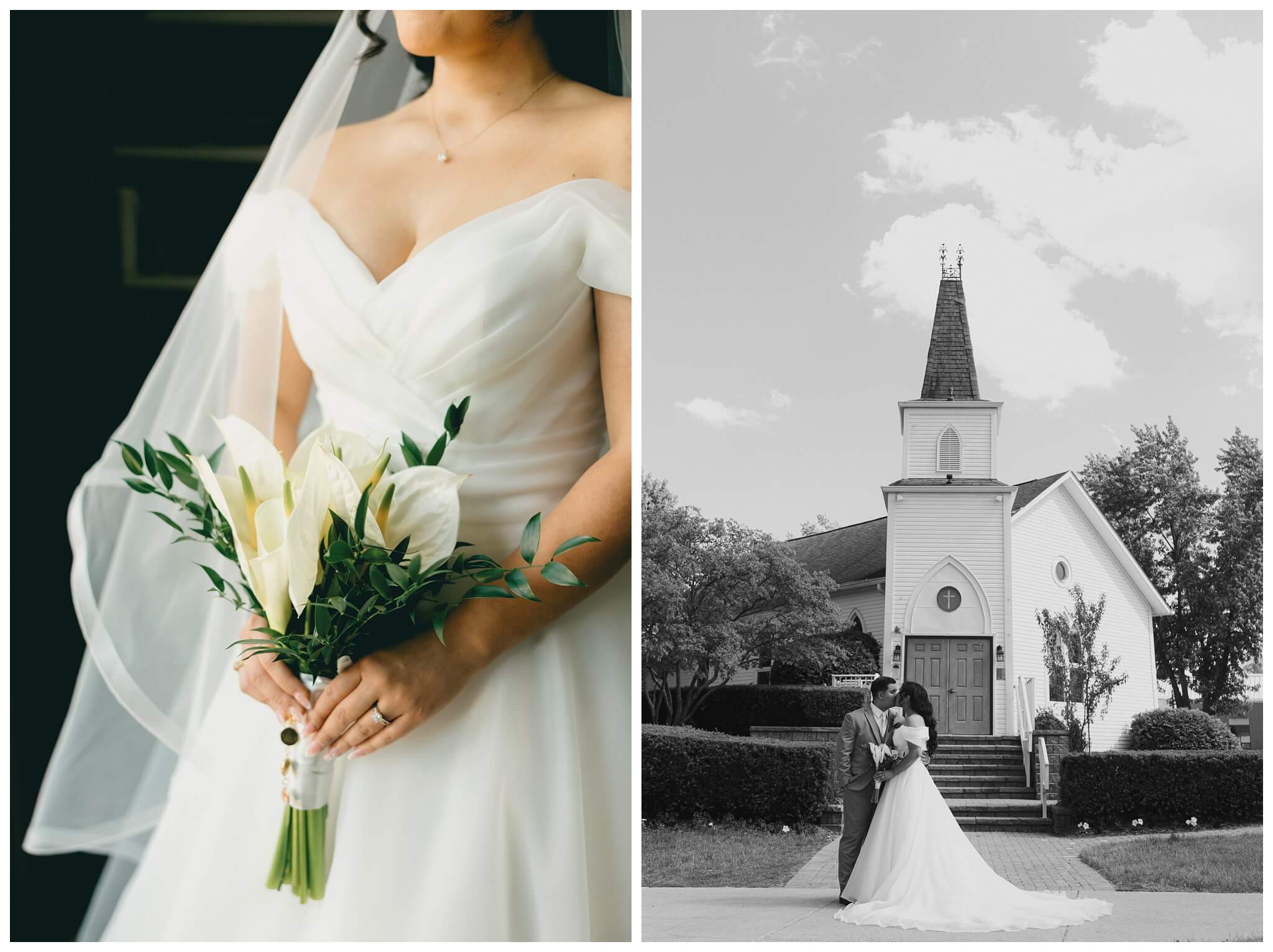 bride and groom in front of cute chapel at royal park hotel in rochester michigan by josh and andrea photography 