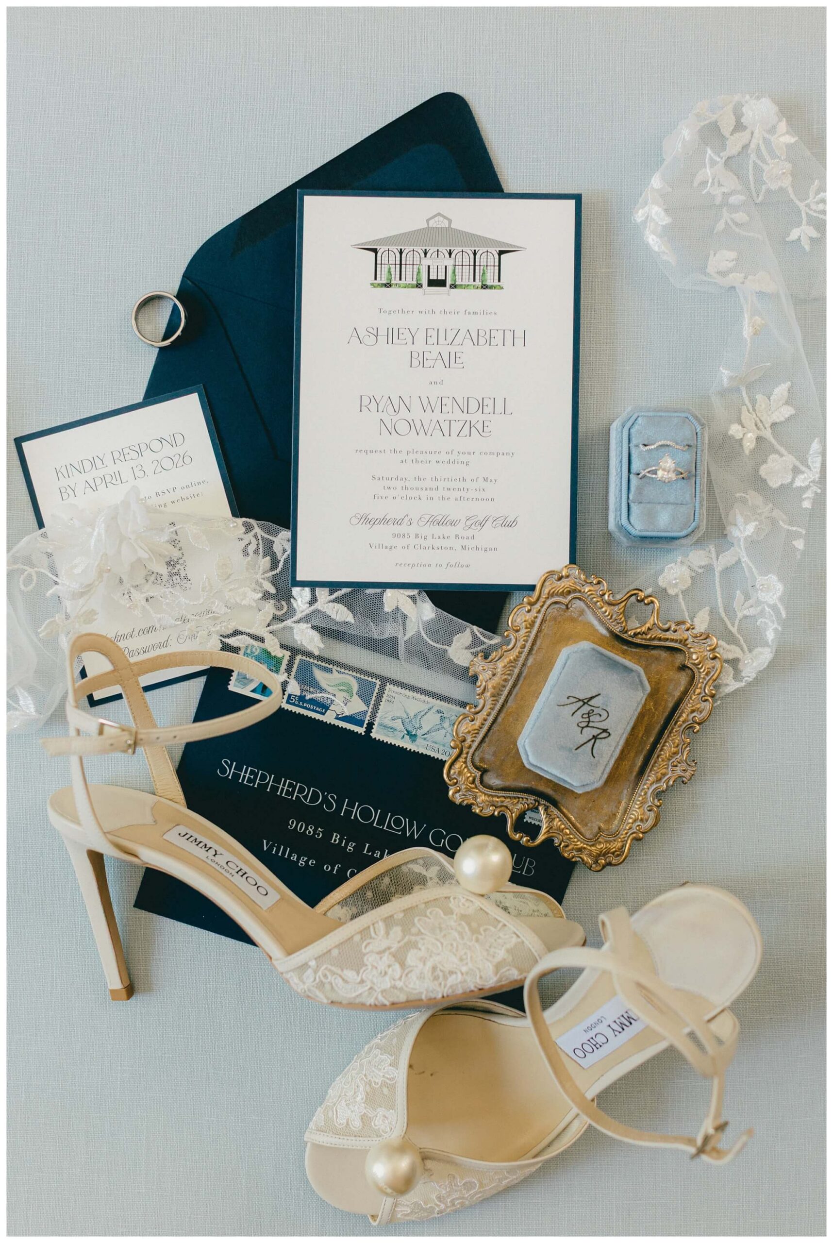 bridal details and invitation suite at the Daxton Hotel in Birmingham michigan by josh and andrea photography 