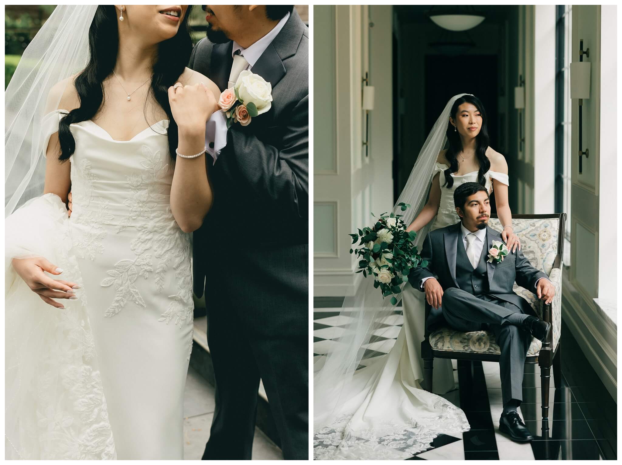 bride and groom in the hallway at Shepherd's hollow golf club near clarkston michigan by josh and andrea photography 
