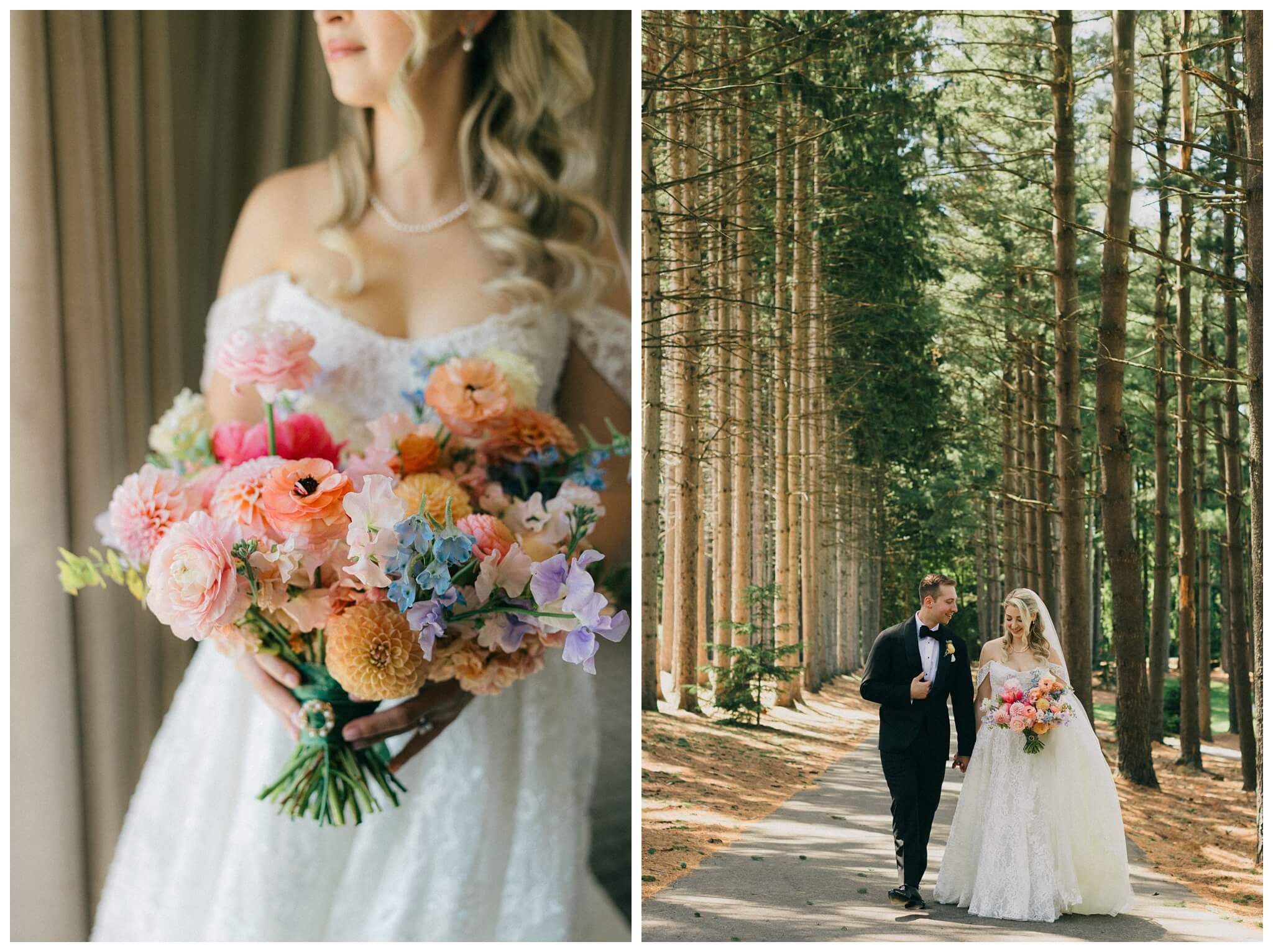 bride and groom walking in the trees at Shepherd's hollow golf club near clarkston michigan by josh and andrea photography 