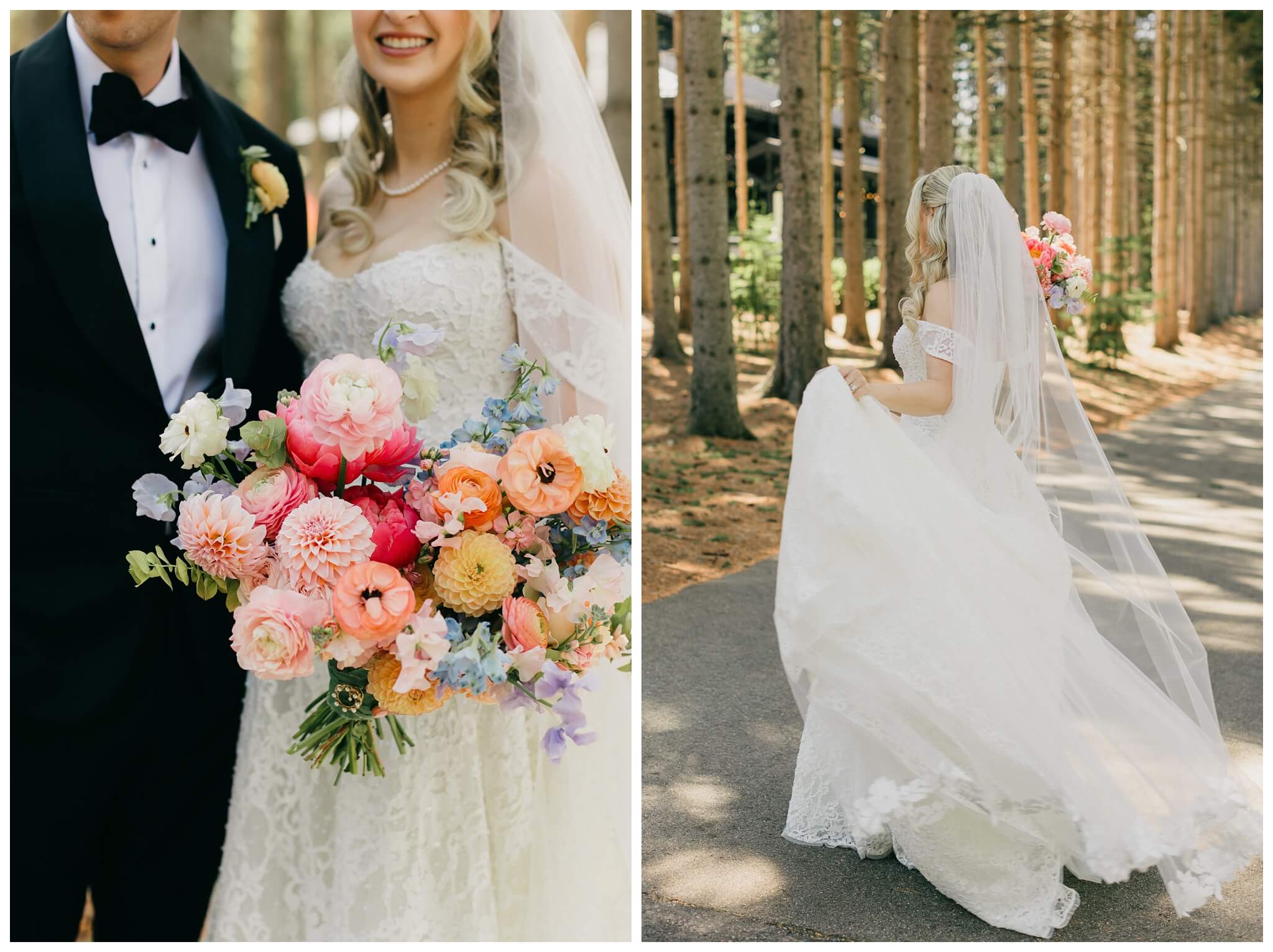 bride and groom walking in the trees at Shepherd's hollow golf club near clarkston michigan by josh and andrea photography 