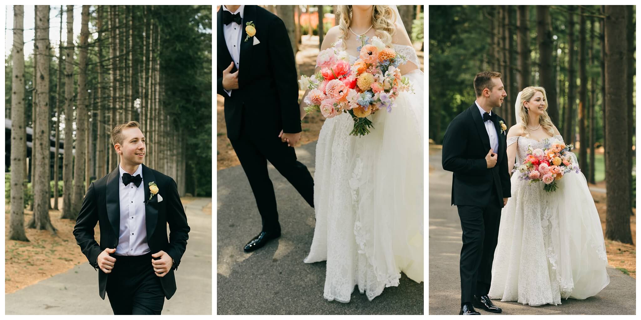 bride and groom walking in the trees at Shepherd's hollow golf club near clarkston michigan by josh and andrea photography 