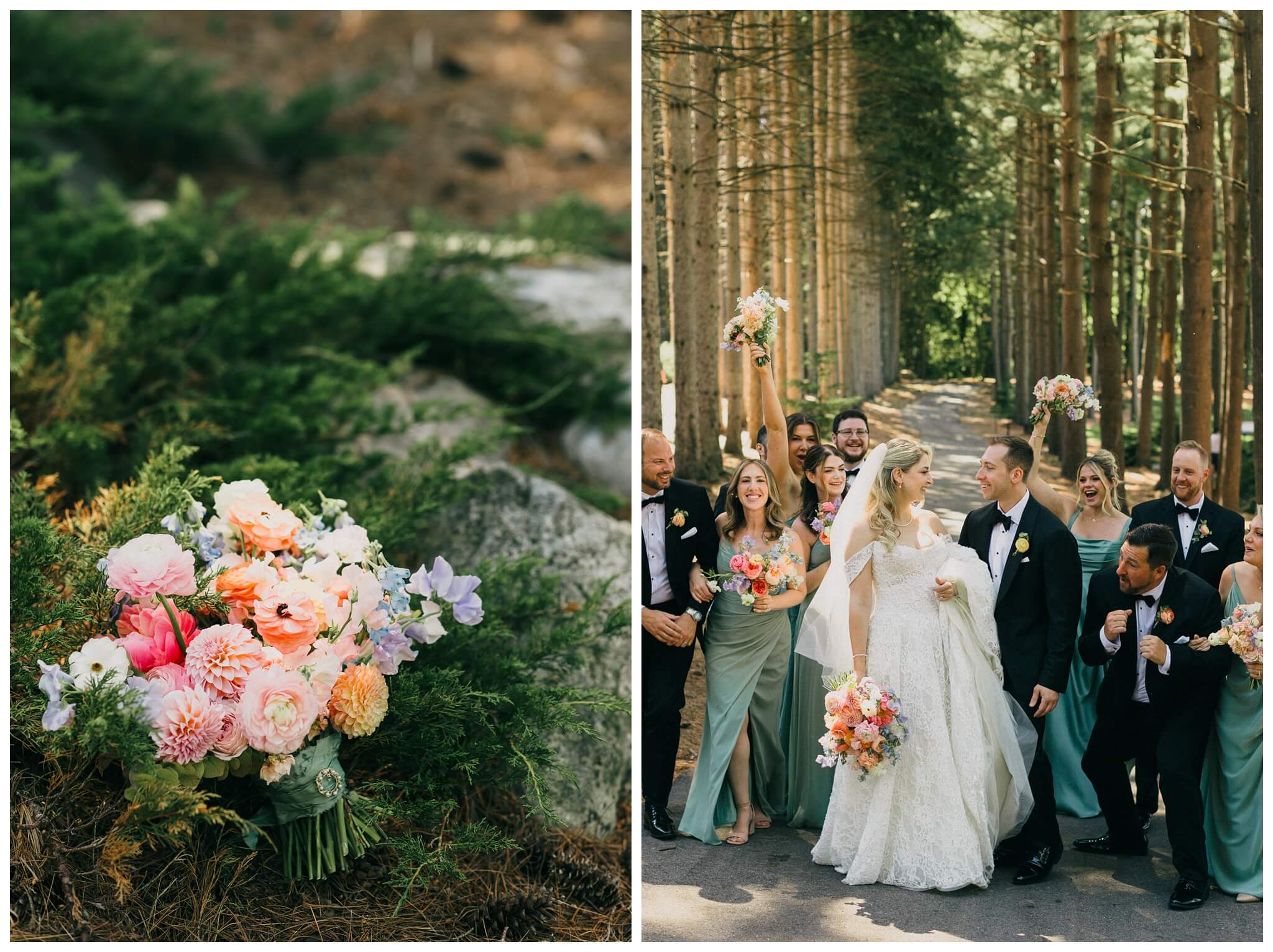 bridal party walking in the trees at Shepherd's hollow golf club near clarkston michigan by josh and andrea photography 