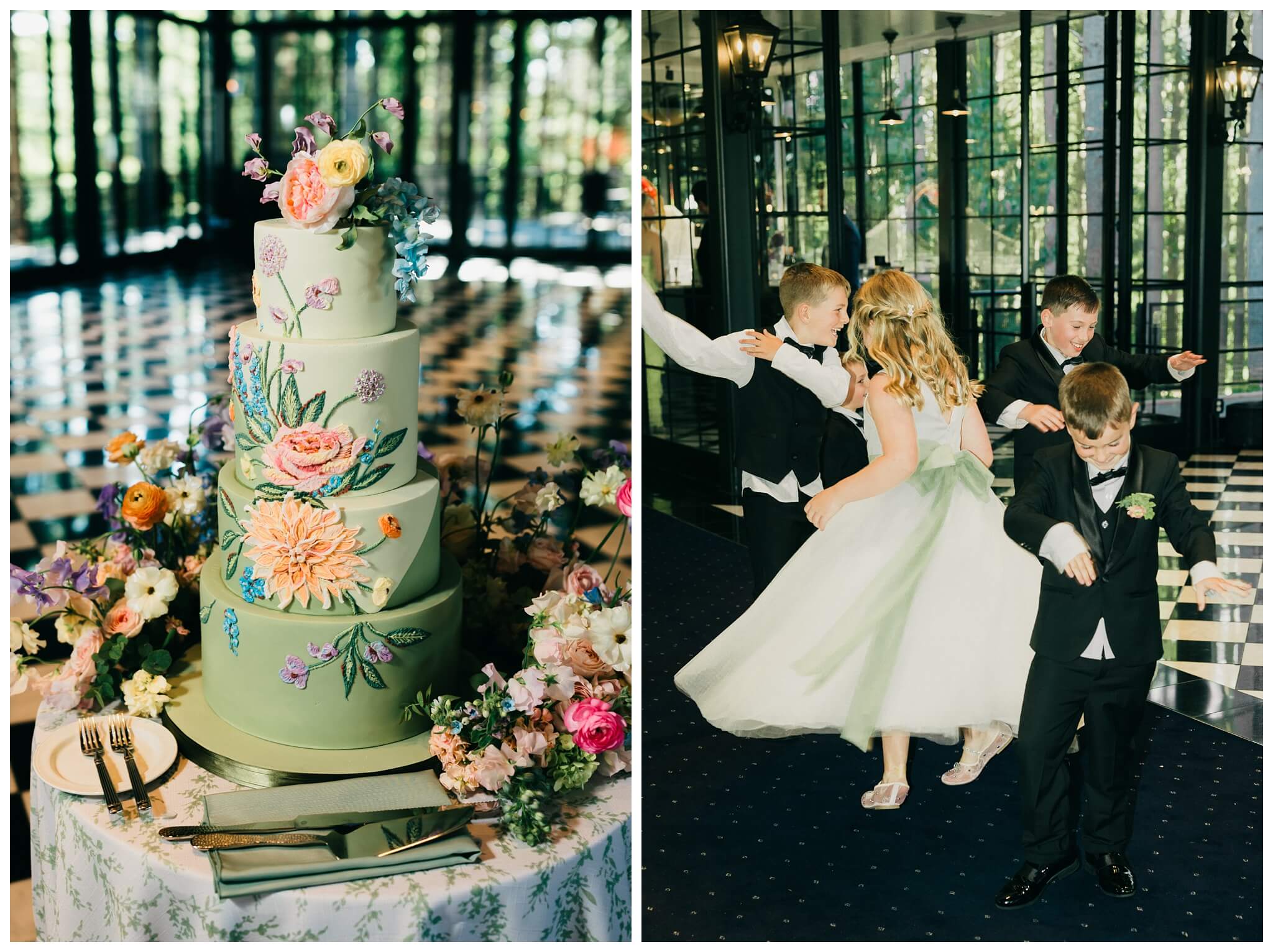 floral cake and dancing children at Shepherd's hollow golf club near clarkston michigan by josh and andrea photography 