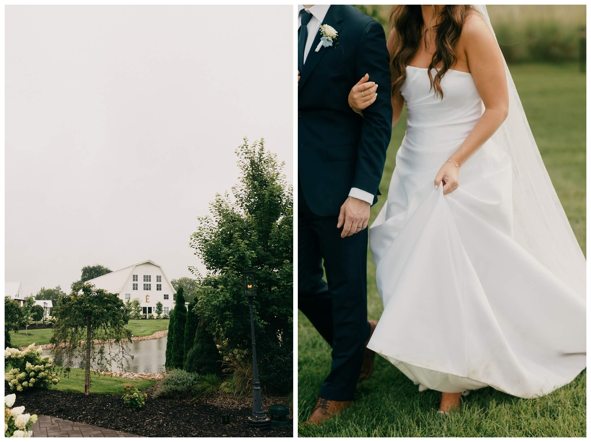 bride and groom walking at their white barn wedding at etre farms by josh and andrea photography 
