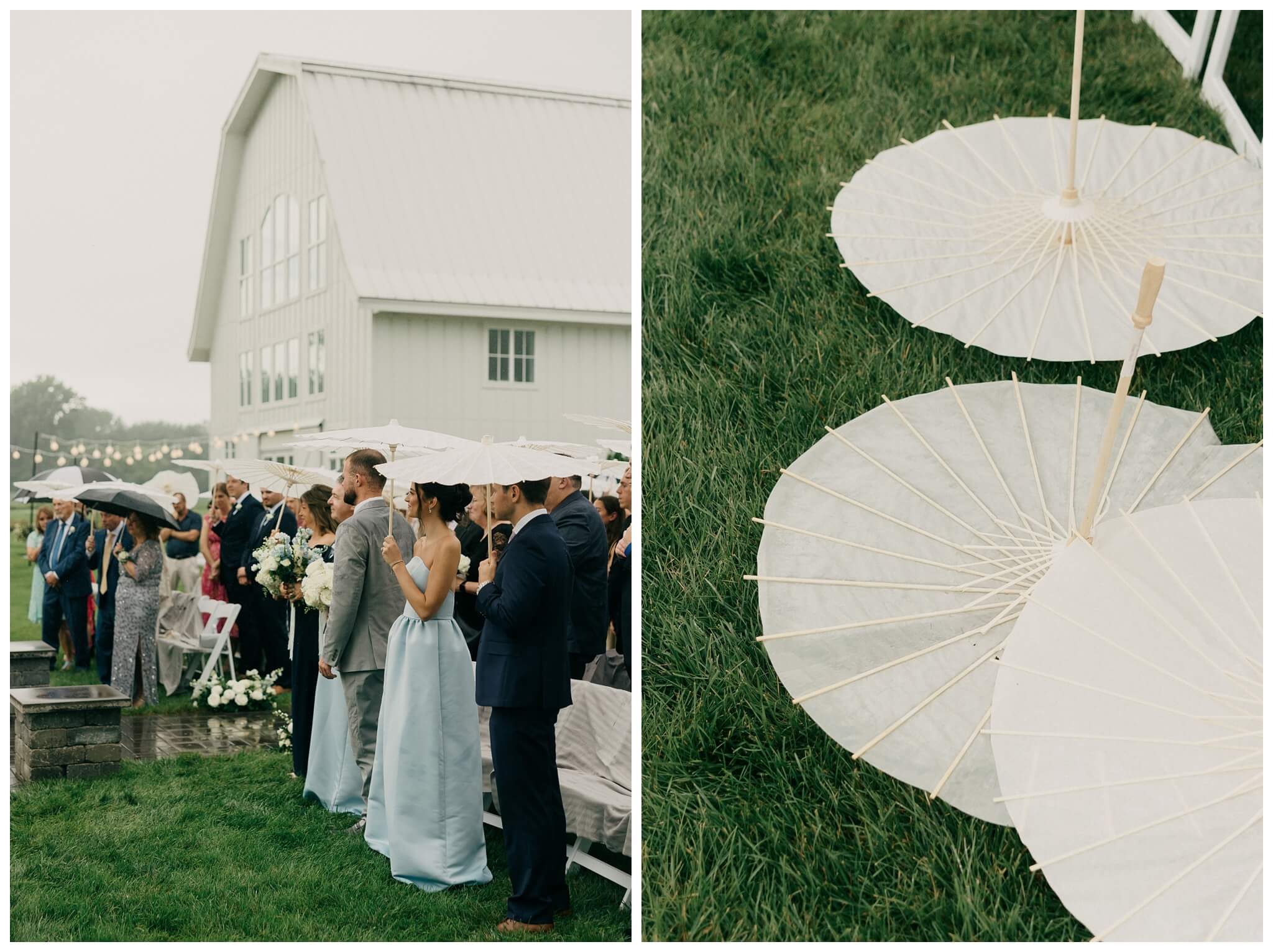 wedding guests holding parasols in the rain at white barn wedding at etre farms by josh and andrea photography 