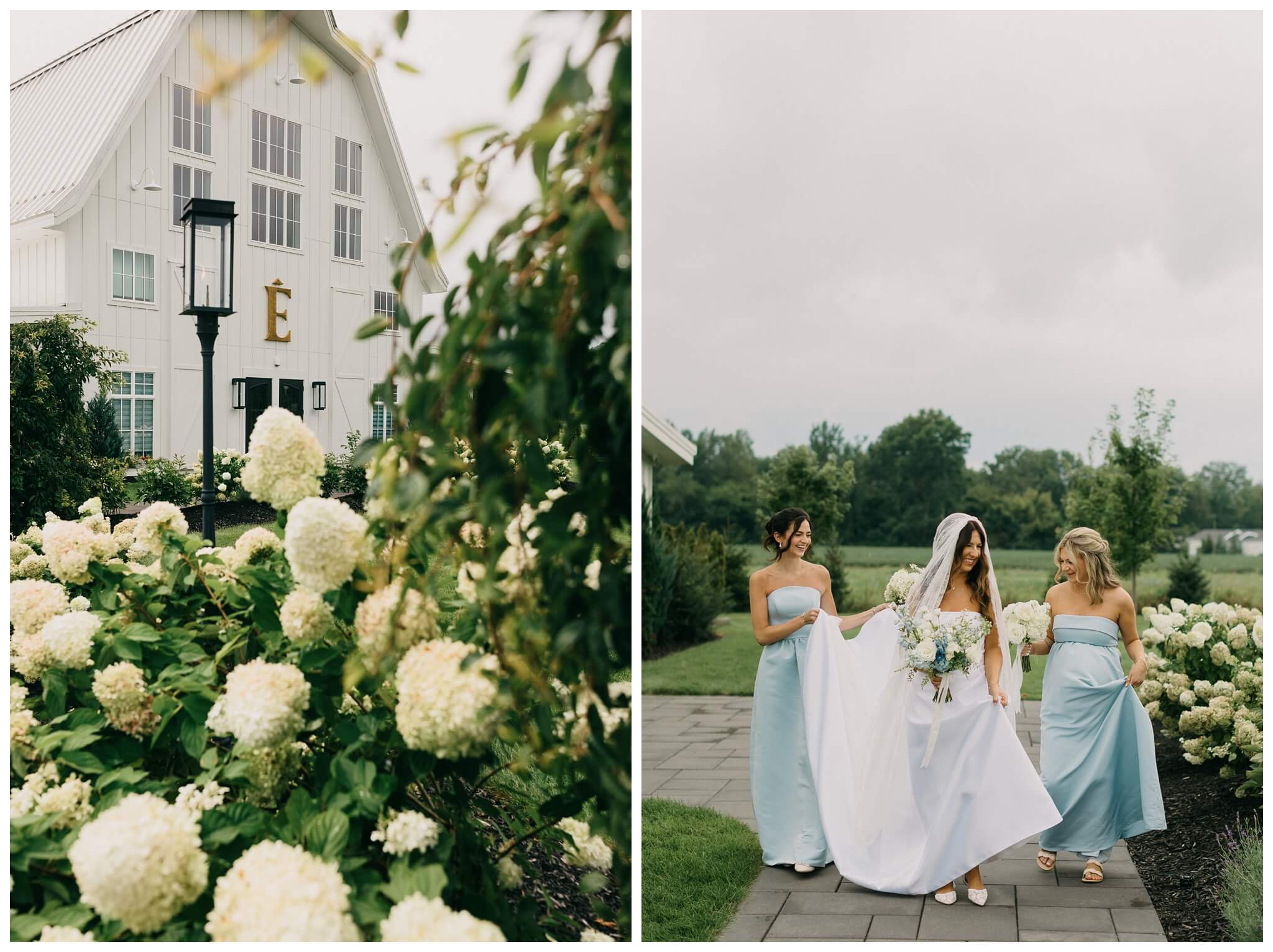 bride and bridesmaids walk to ceremony at white barn wedding at etre farms by josh and andrea photography 