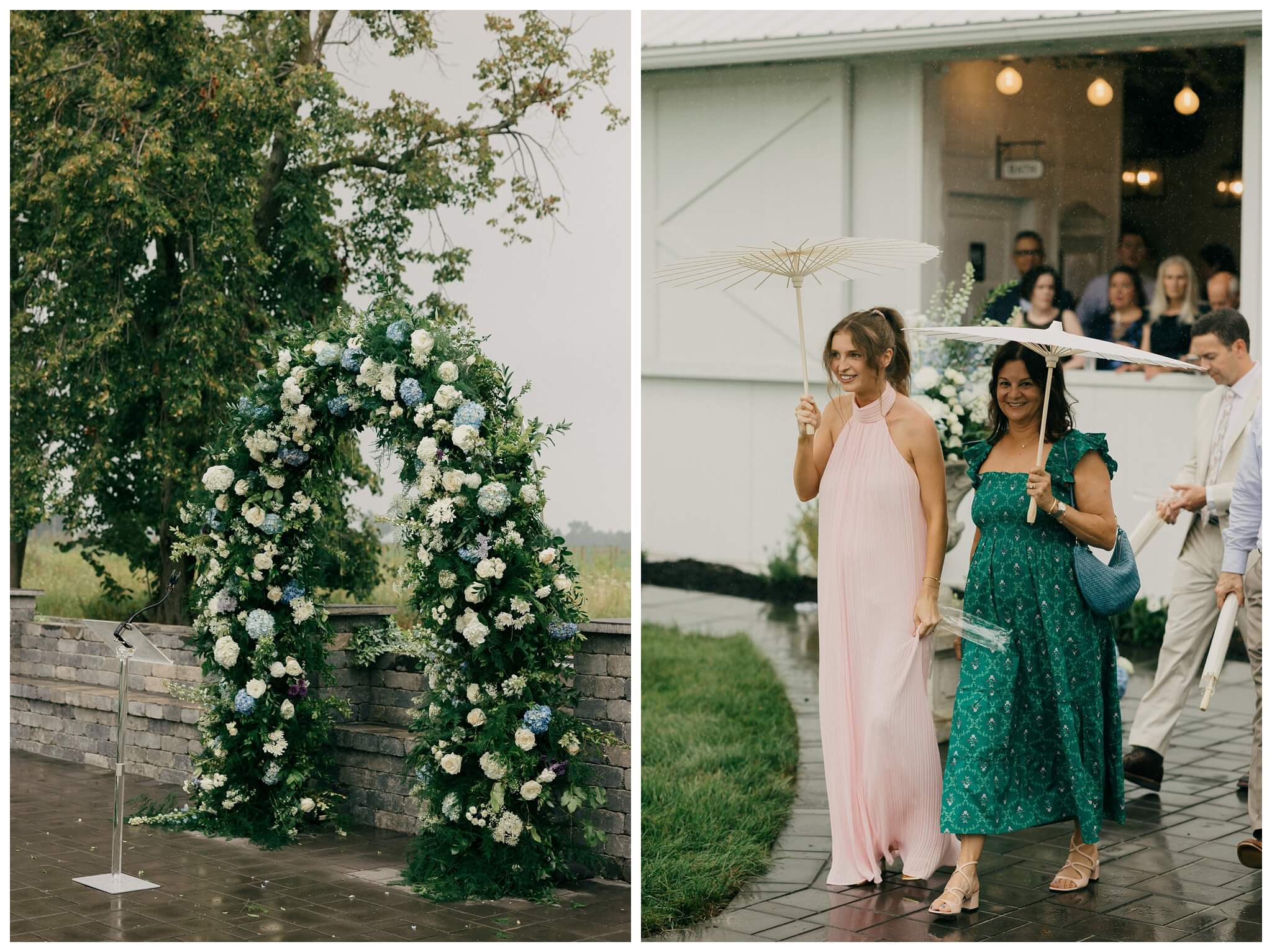 rainy ceremony with parasols at white barn wedding at etre farms by josh and andrea photography 