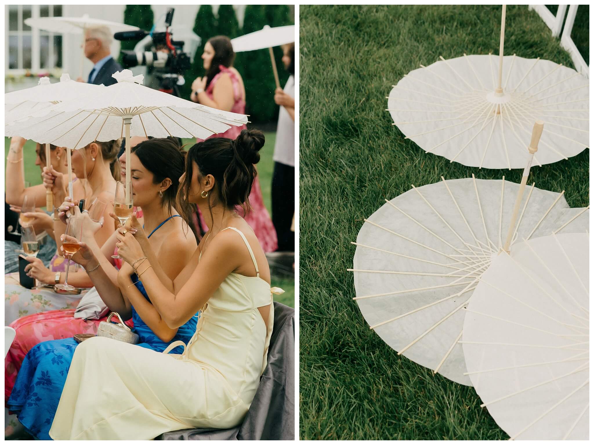guests hold parasols in the rain for ceremony at white barn wedding at etre farms by josh and andrea photography 