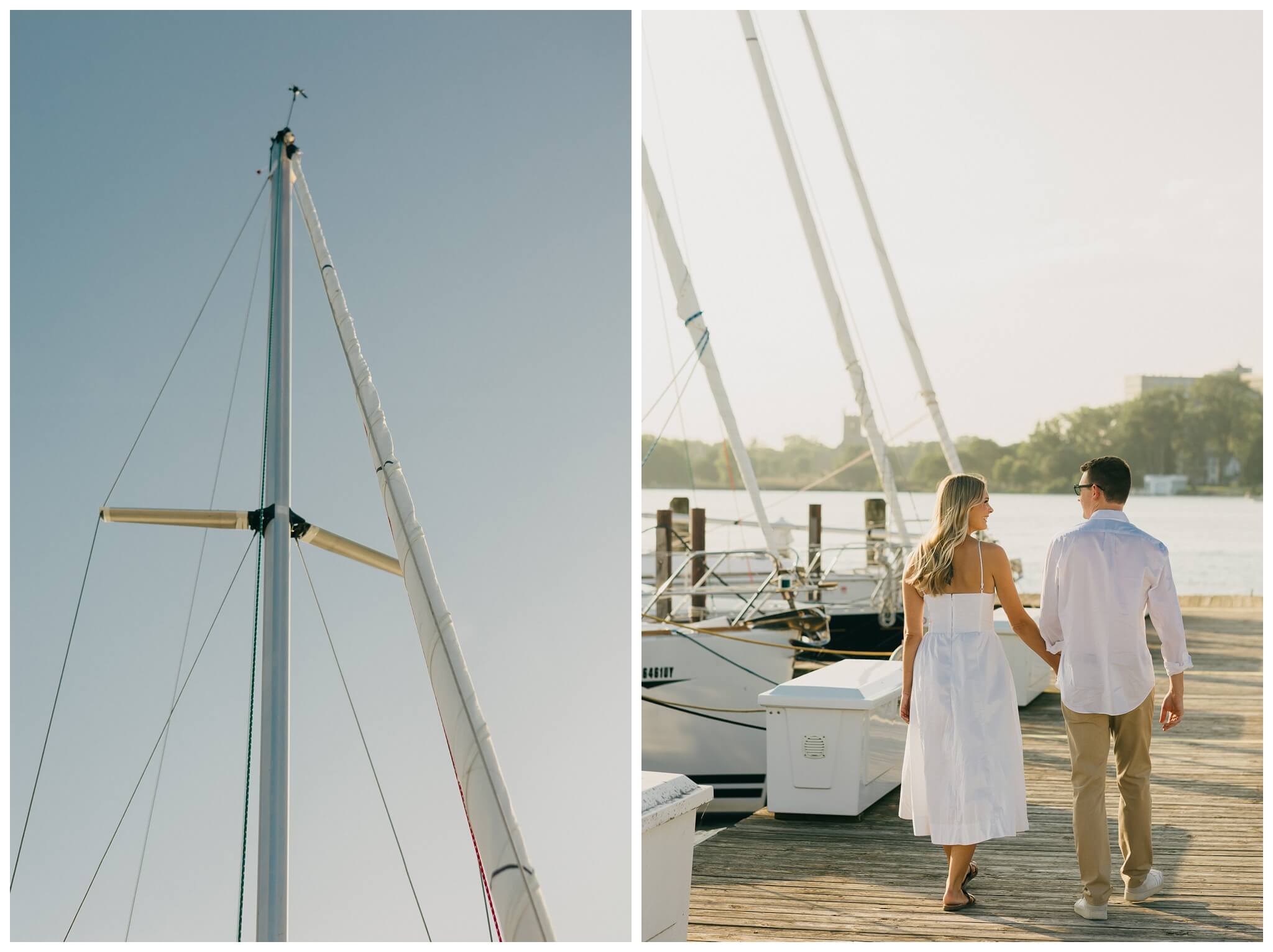 couple walking on dock at sailboat engagement session in detroit by josh and andrea photography 