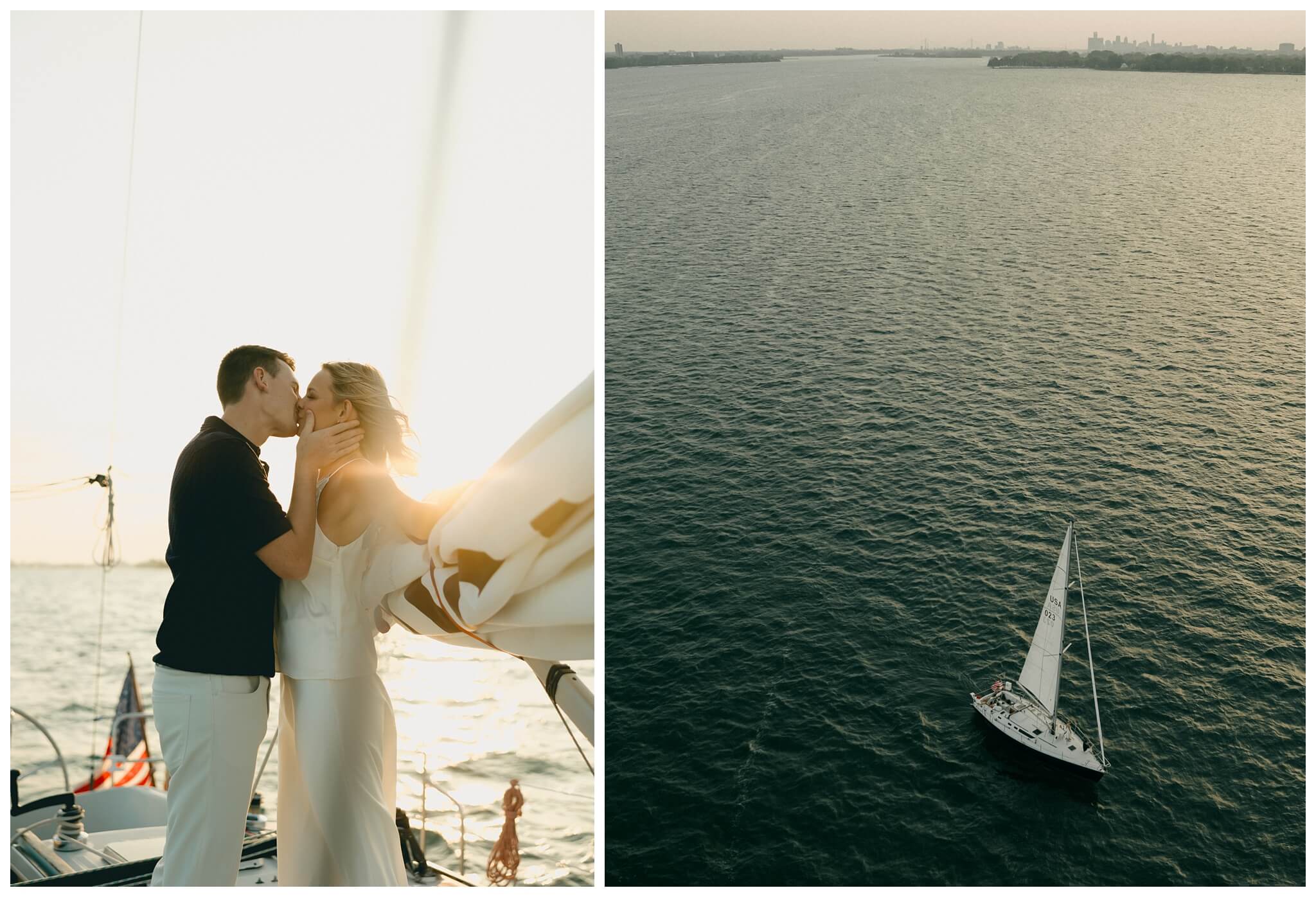 drone photo for sailboat engagement session in detroit by josh and andrea photography 