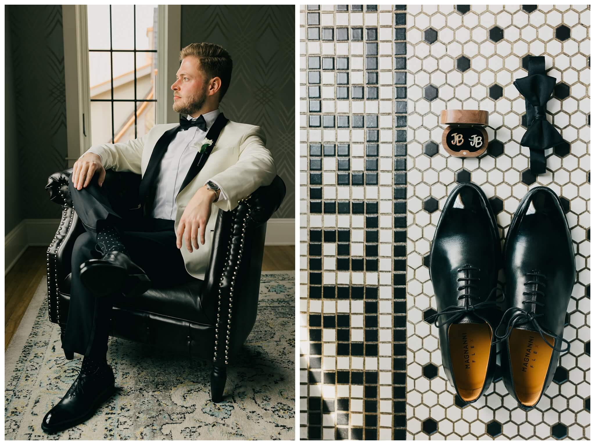 groom getting ready portraits at venue3two wedding by josh and andrea photography