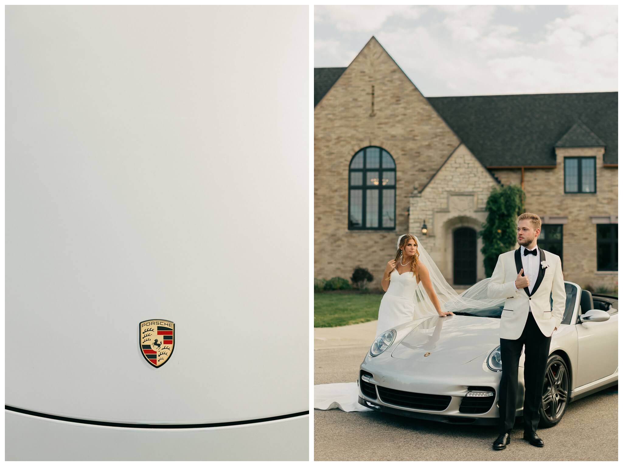 bride and groom standing with porsche car in front of estate at venue3two wedding by josh and andrea photography
